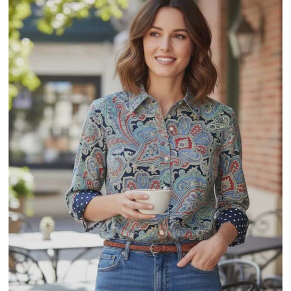 Chaps Size S Blouse Paisley No Iron 3 /4 Sleeve Button Front Career Preppy - Picture 1 of 8